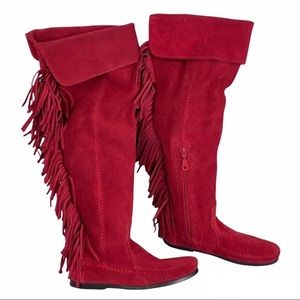 NWOT: Minnetonka thigh-high boots w fringe, red suede. Brand new, size 36 (US 6)